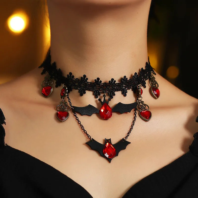 Bloodmoon Bat gothic Halloween choker – black lace with red gems and bat charms – Layers Store UK spooky collection