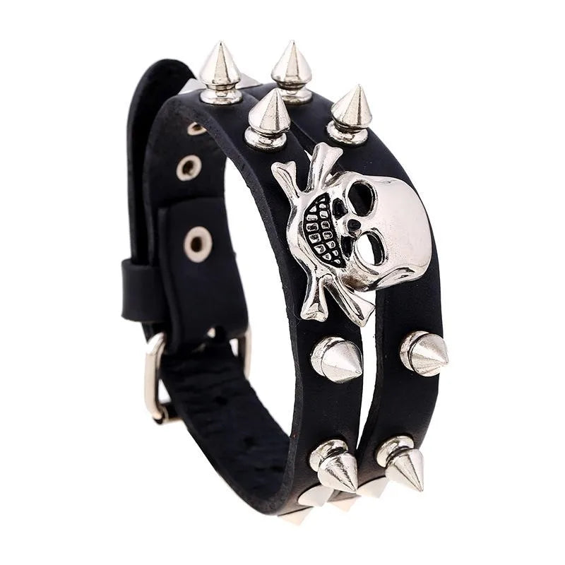 SkullSpikes punk bracelet – black faux leather with silver skull and spike studs – gothic Halloween wristwear by Layers Store UK