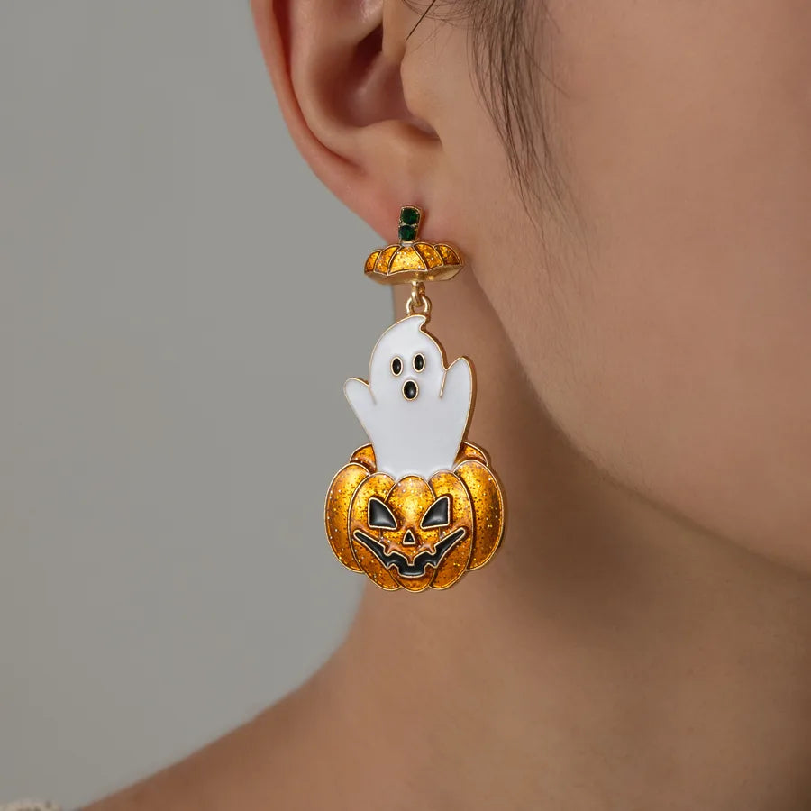 Boo Pumpkin Halloween earrings – ghost and jack-o’-lantern enamel drop earring with pumpkin top stud – Layers Store UK