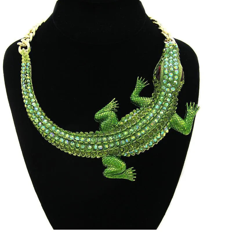 Glam Gecko lizard statement necklace – green rhinestone reptile necklace for Halloween or costume wear – Layers Store UK