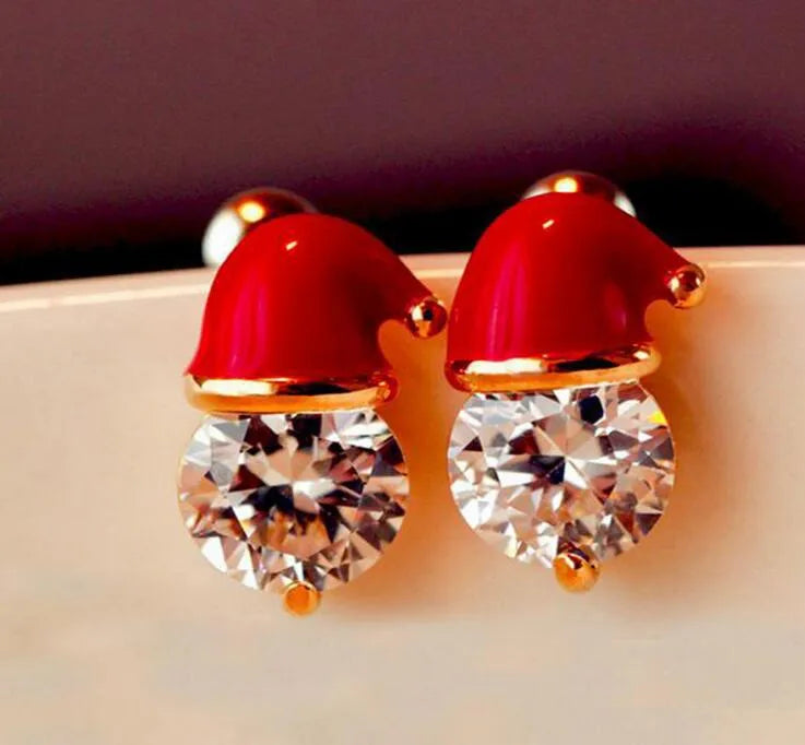 Red Santa hat stud earrings with large round-cut crystal rhinestones – festive Christmas jewelry for women.