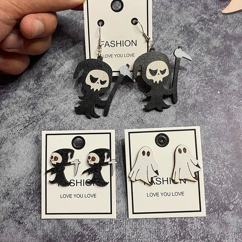 Grim & Ghosties Halloween earring set – reaper and ghost wood-cut studs and drop earrings – Layers Store UK spooky stack