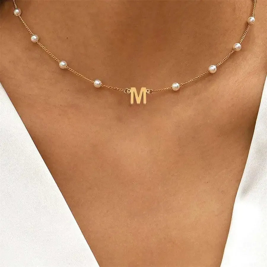 “LetterLuxe Gold Initial Necklace with Pearl Accents – Minimalist Personalised Jewellery by Layers Store UK