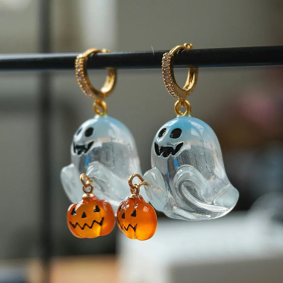 Ghost Giggles earrings – translucent ghost and orange pumpkin Halloween drop earrings with gold hoops – Layers Store UK